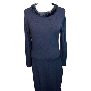 Max Studio Black Fuzzy Collar Long Sleeve Knit Dress knee length medium